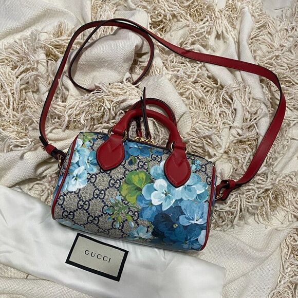 GUCCI GG Mini Blooms 2 Way Bag 546312 GG Supreme Brown/Red/Blue NEW - Picture 2 of 12